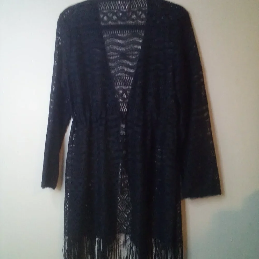 Dotti Cardigan Sweater Women S Long Sleeve Fringe Lace Open Tie Front Black
